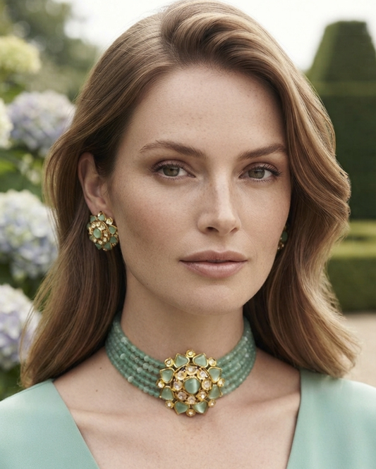 Victorian Traditional Kundan Necklace Set - Mint