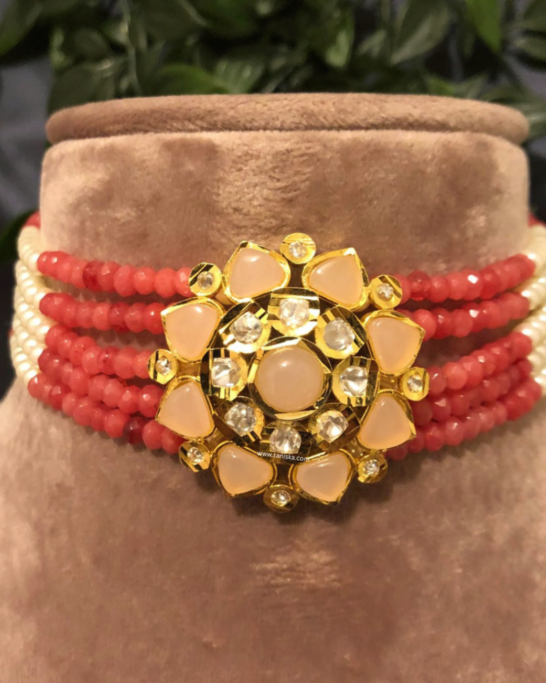 Victorian Traditional Kundan Necklace Set - Coral Peach Tone