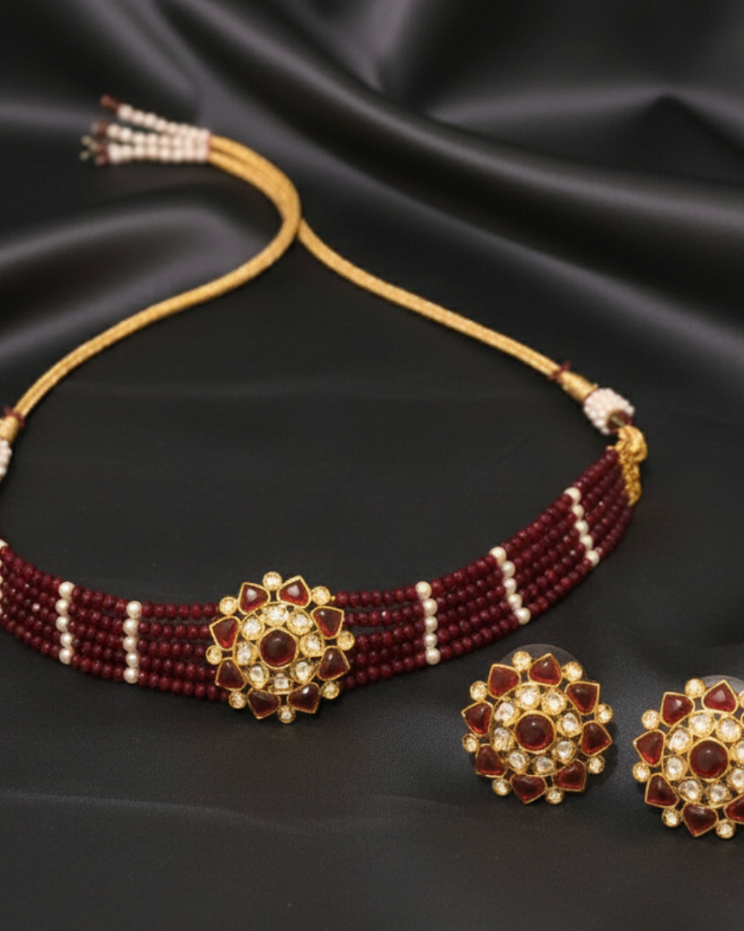 Victorian Traditional Kundan Necklace Set - Maroon