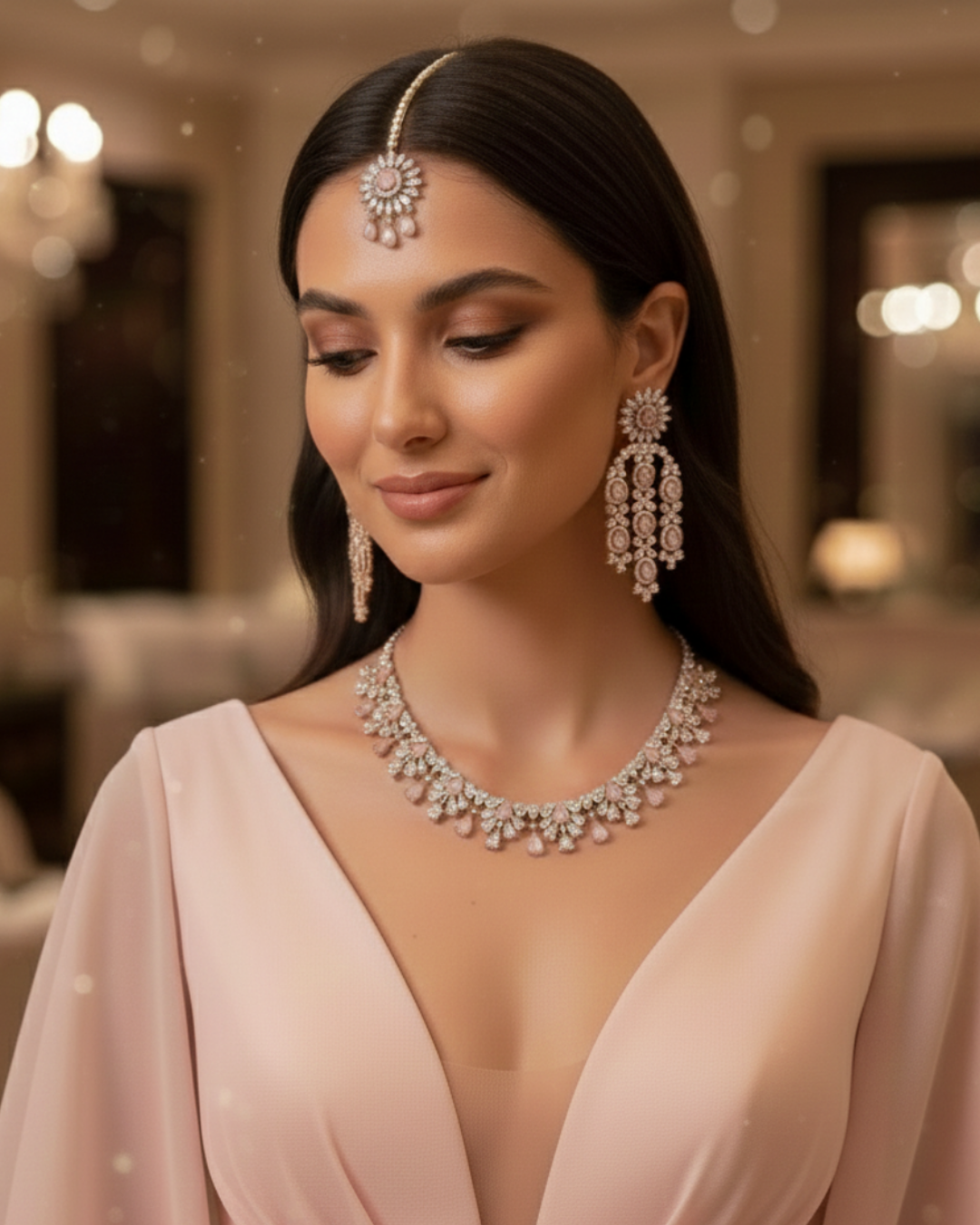 Kew Gardens Inspired Sparkling Cubic Zirconia Statement Necklace & Drop Earrings Set