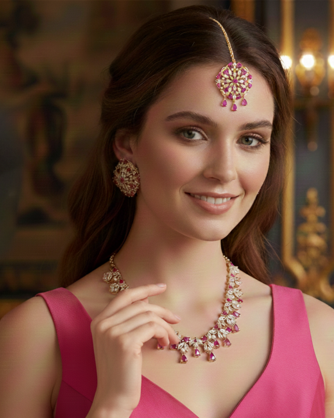 American Diamond Style Necklace Set - Rose Gold/Hot Pink