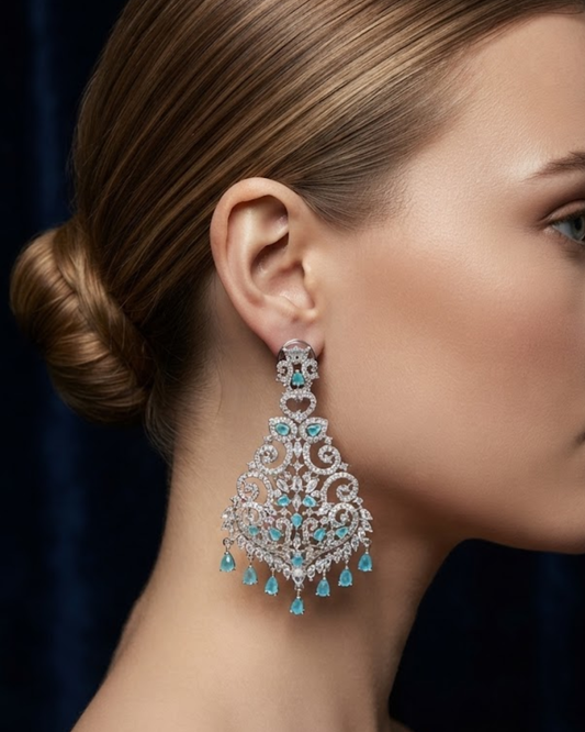 Cubic Zirconia Statement Earrings - Silver/Sky Blue
