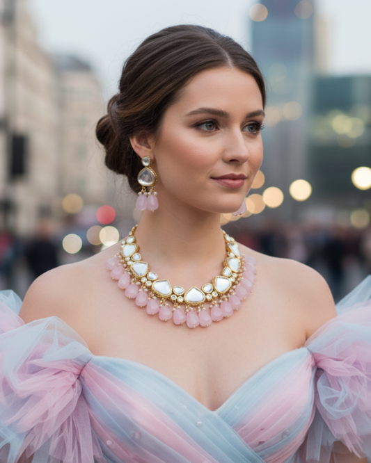 MEEREN Victorian Choker Necklace Set (Baby Pink)
