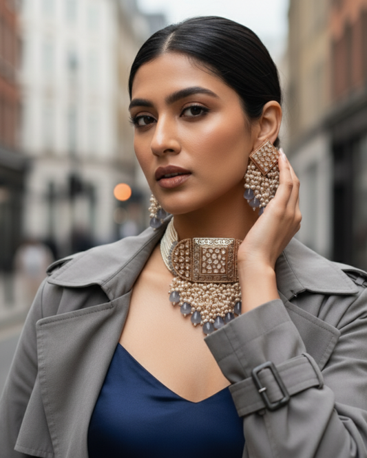 ISHANA Grey Uncut-Kundan Necklace/Choker Set
