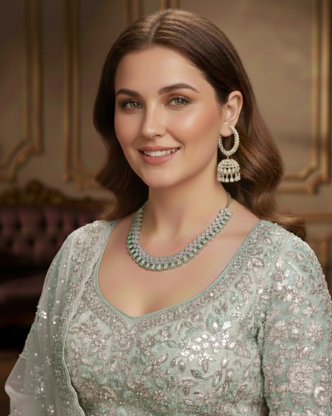 American Diamond Style Necklace Set - Silver/Mint