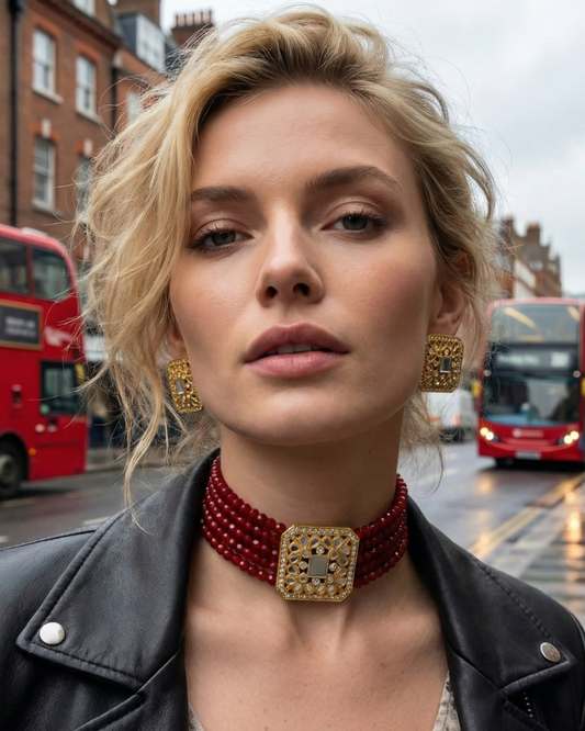Victorian Traditional Glass Necklace Set - Maroon