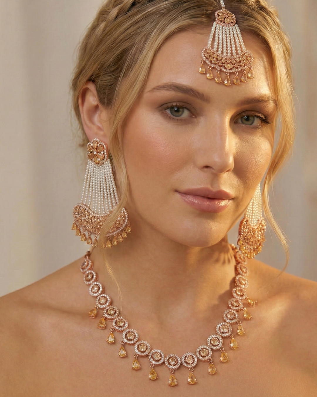 American Diamond Style Necklace Set - Rose Gold
