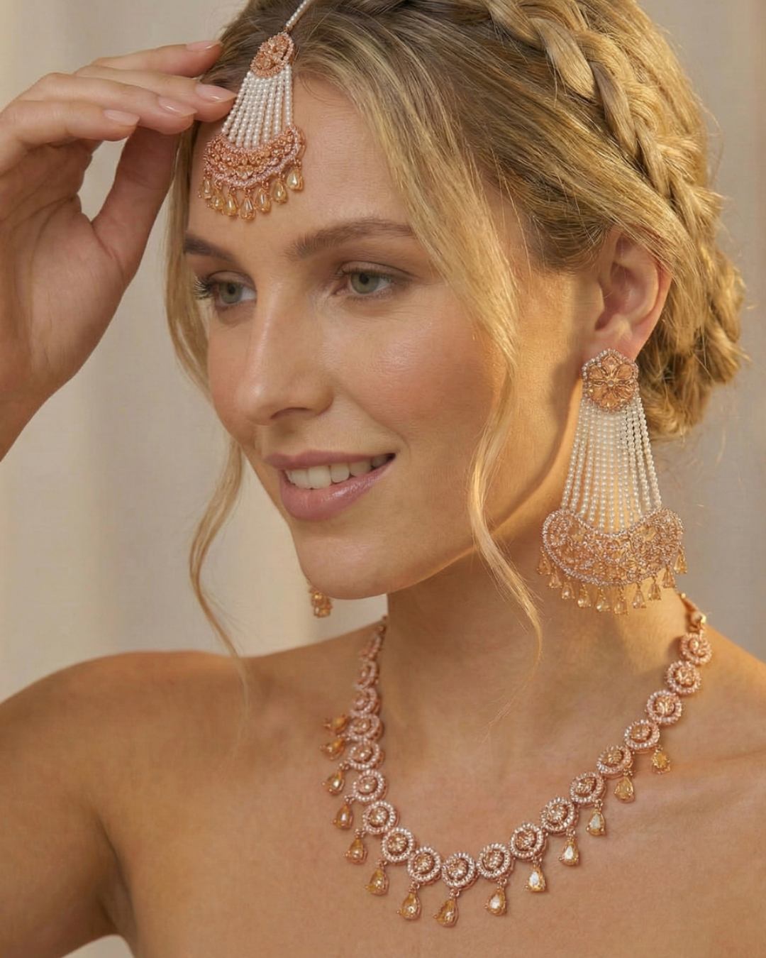 American Diamond Style Necklace Set - Rose Gold
