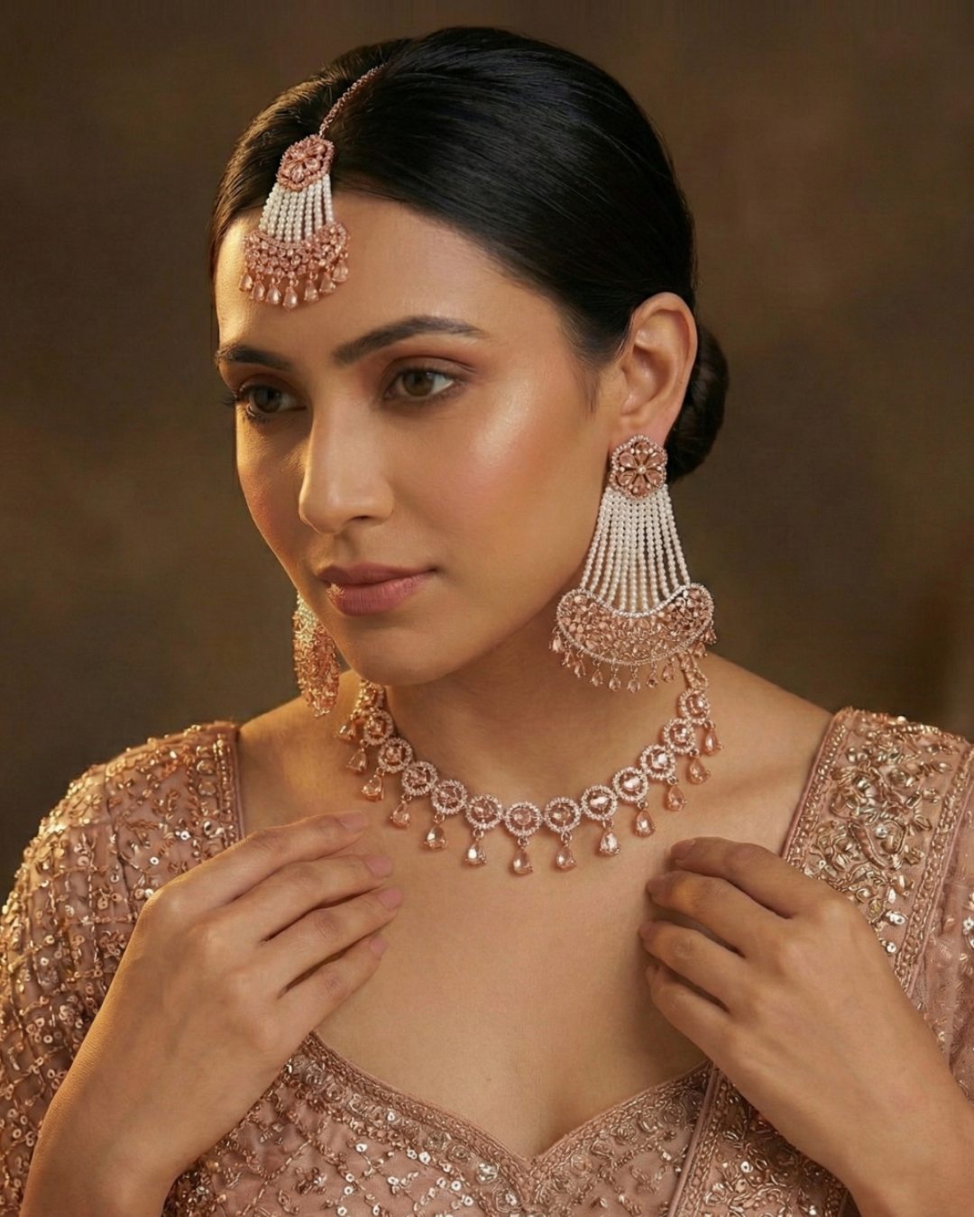 American Diamond Style Necklace Set - Rose Gold