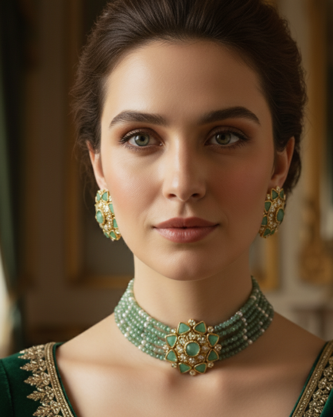 Victorian Traditional Kundan Necklace Set - Mint