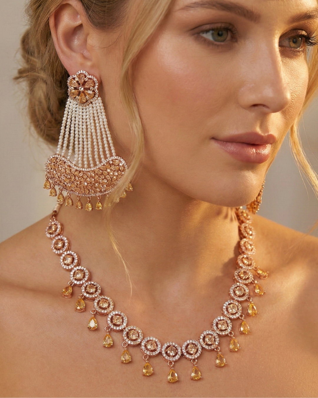 American Diamond Style Necklace Set - Rose Gold