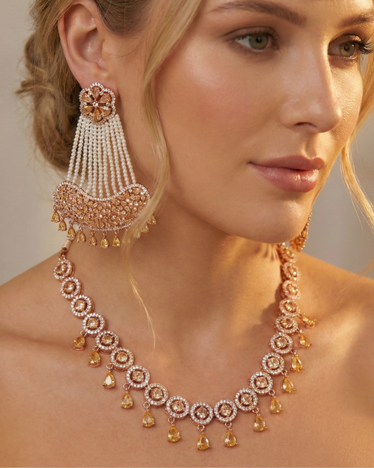 American Diamond Style Necklace Set - Rose Gold