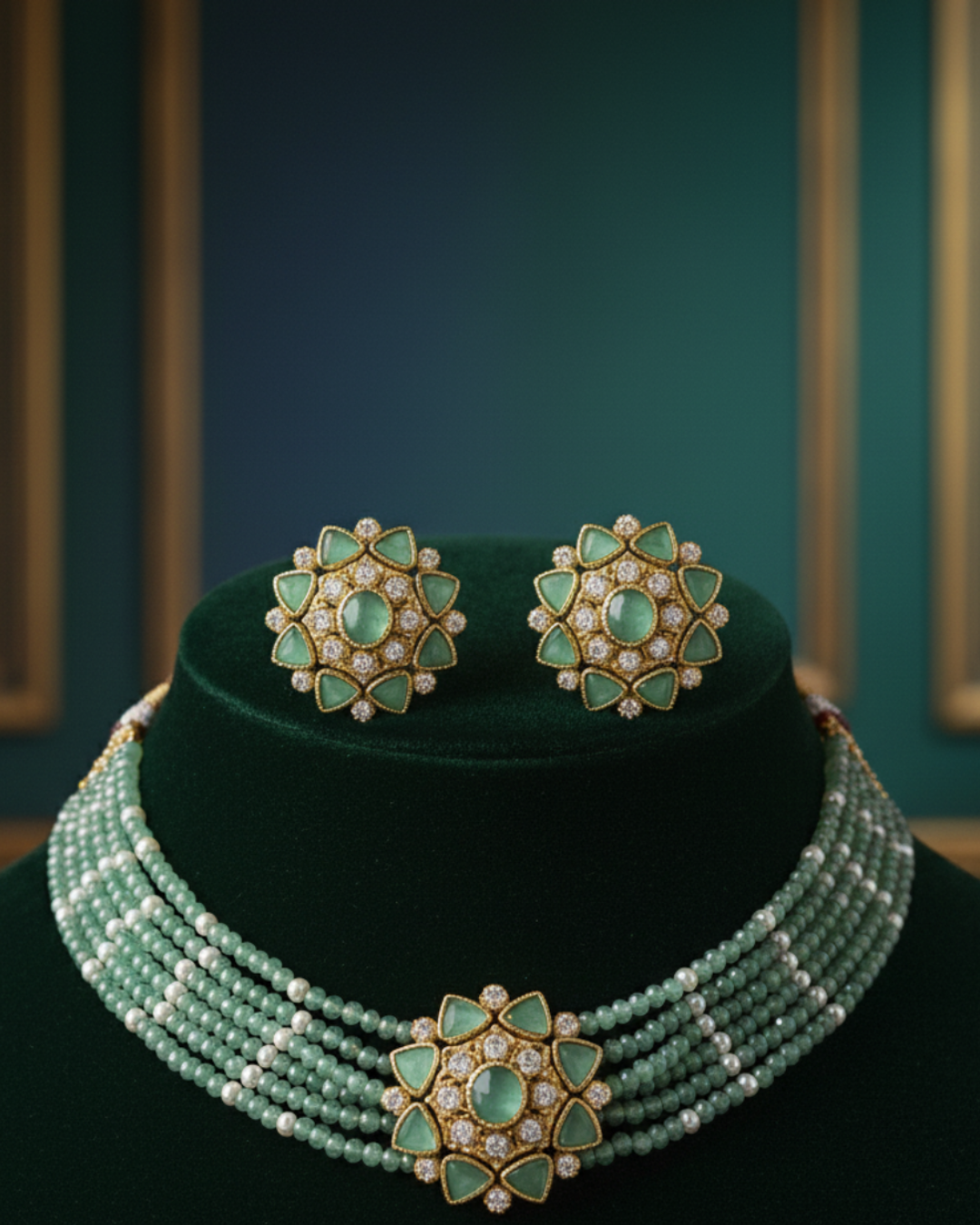 Victorian Traditional Kundan Necklace Set - Mint