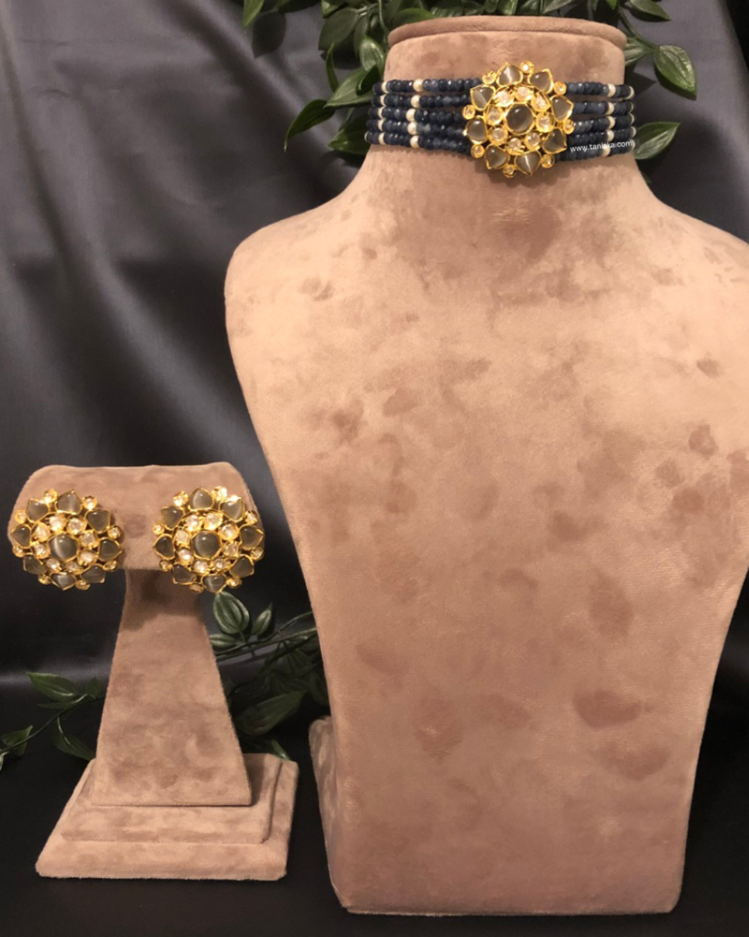 Victorian Traditional Kundan Necklace Set - Charcoal Grey