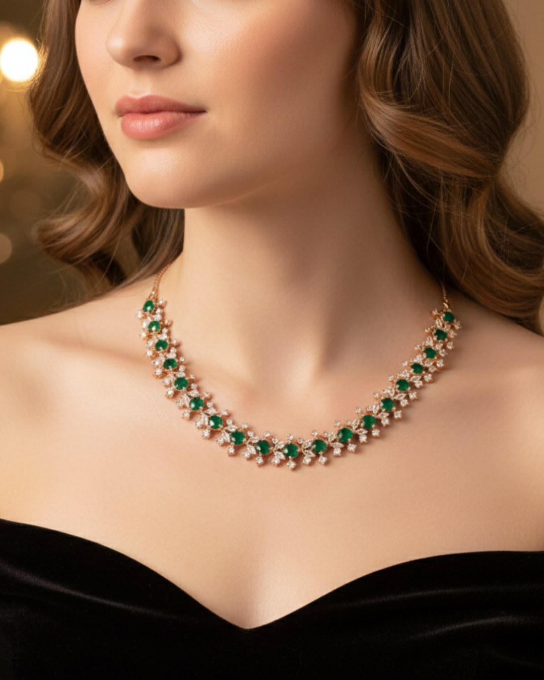 American Diamond Style Necklace (Necklace ONLY) - Rose Gold / Emerald Green
