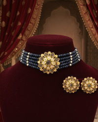 Victorian Traditional Kundan Necklace Set - Charcoal Grey