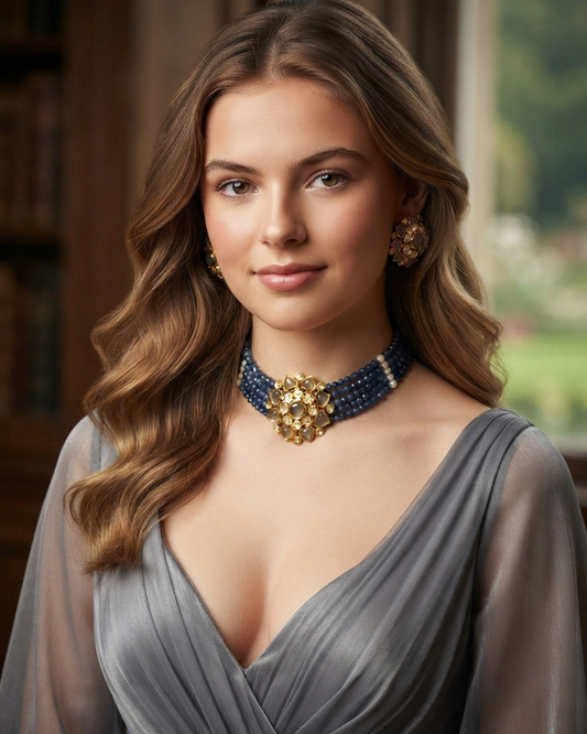 Victorian Traditional Kundan Necklace Set - Charcoal Grey