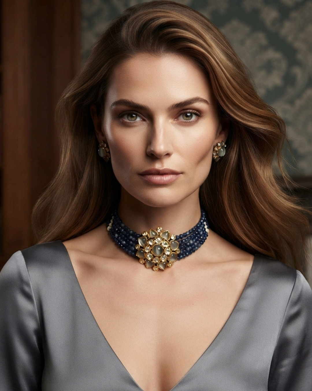 Victorian Traditional Kundan Necklace Set - Charcoal Grey