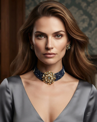 Victorian Traditional Kundan Necklace Set - Charcoal Grey