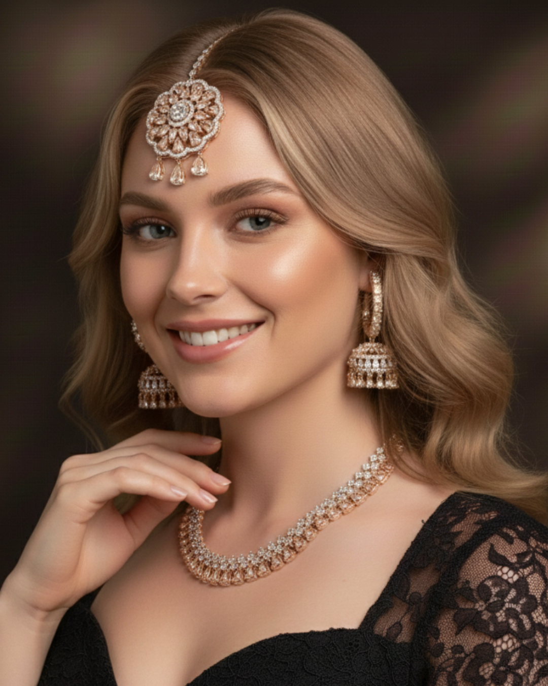 American Diamond Style Necklace Set - Rose Gold