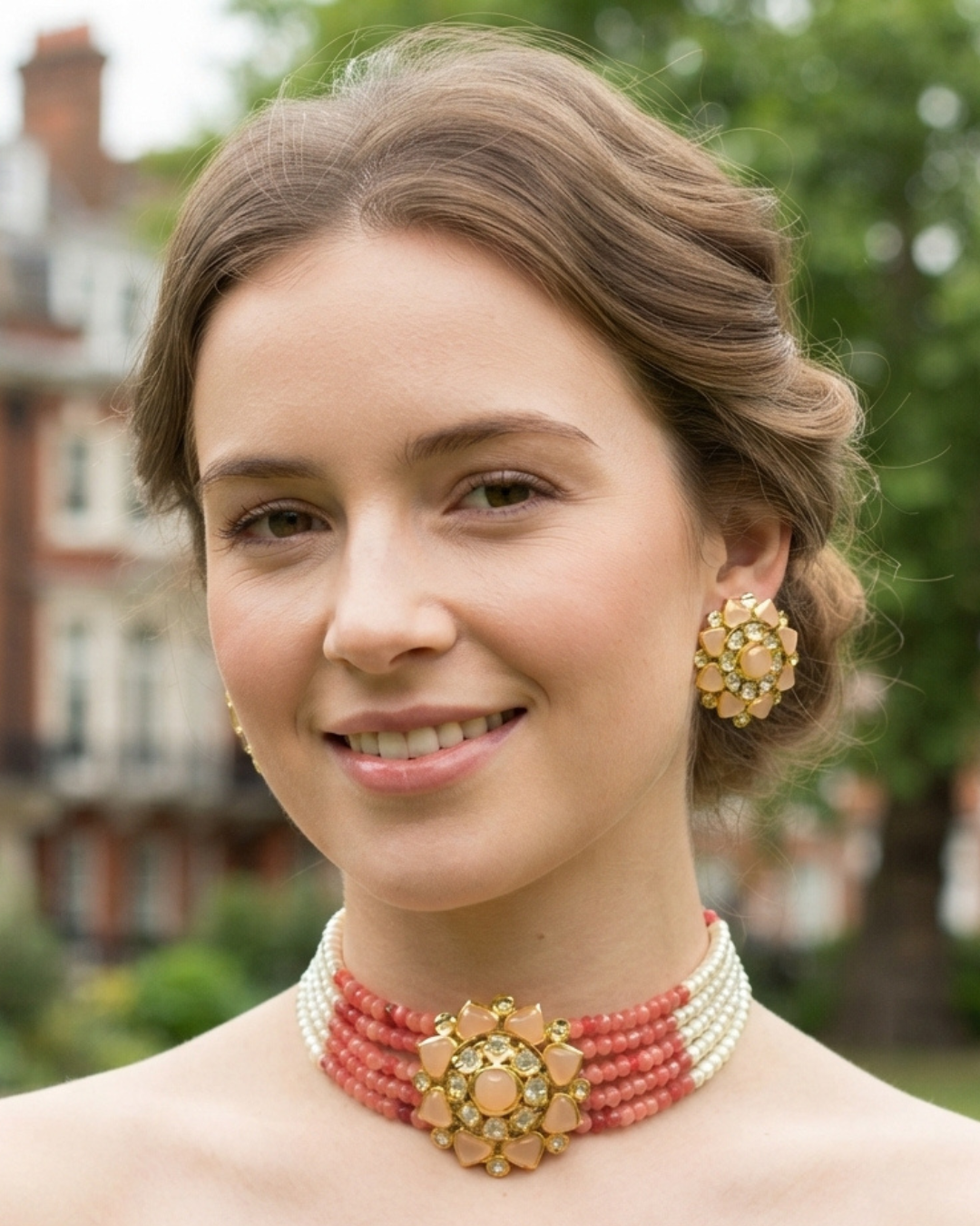 Victorian Traditional Kundan Necklace Set - Coral Peach Tone