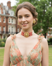 Victorian Traditional Kundan Necklace Set - Coral Peach Tone