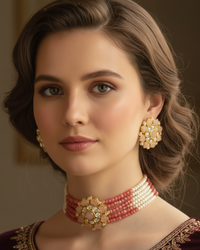 Victorian Traditional Kundan Necklace Set - Coral Peach Tone