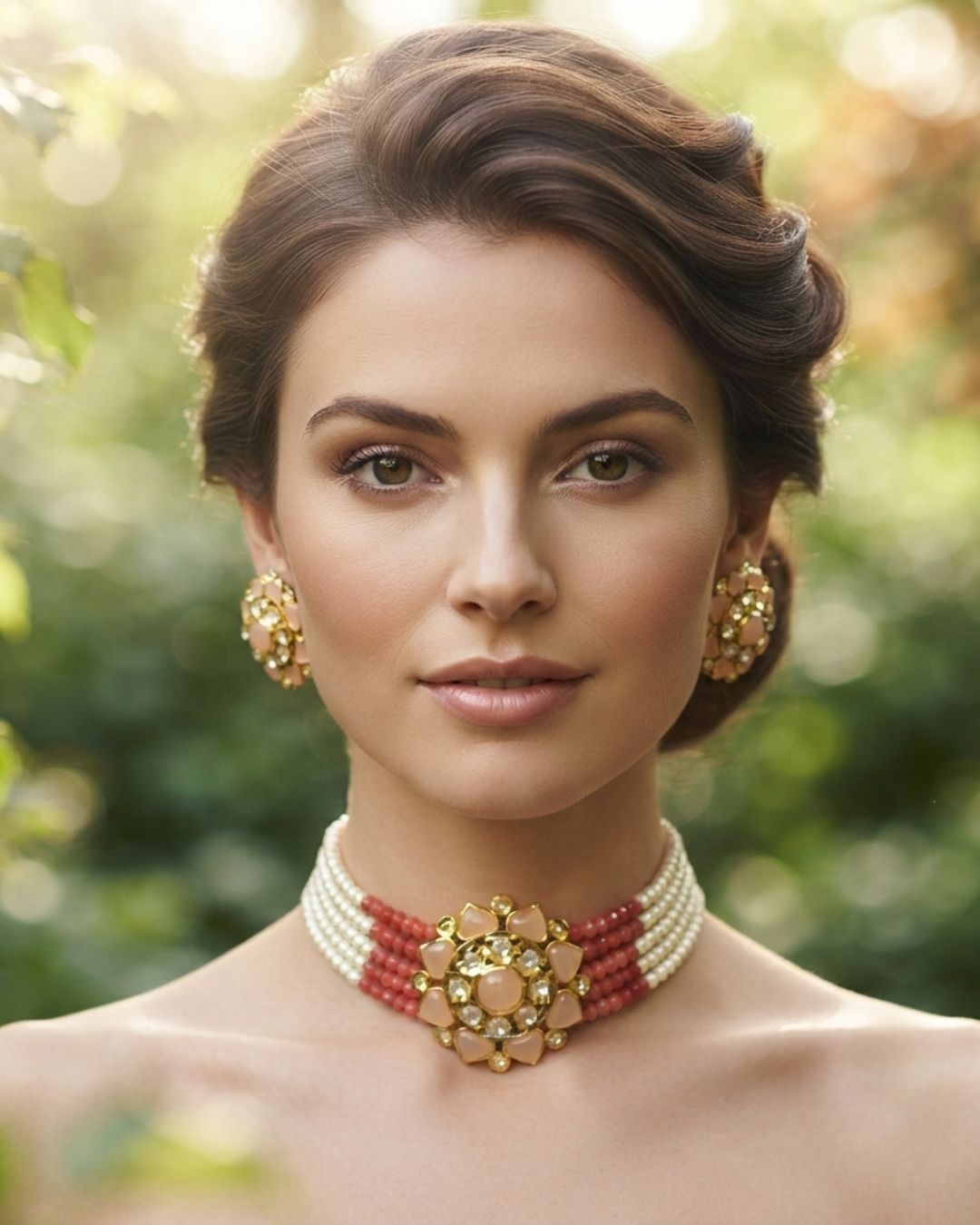 Victorian Traditional Kundan Necklace Set - Coral Peach Tone