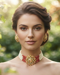 Victorian Traditional Kundan Necklace Set - Coral Peach Tone