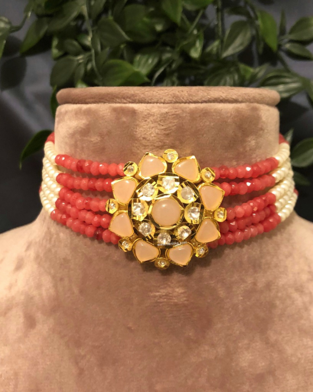 Victorian Traditional Kundan Necklace Set - Coral Peach Tone