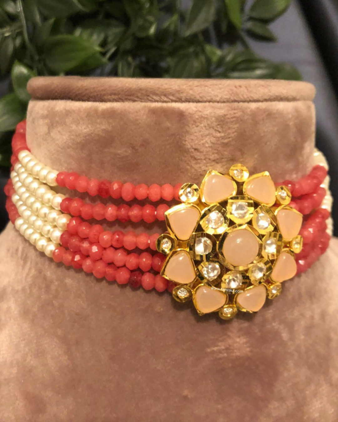 Victorian Traditional Kundan Necklace Set - Coral Peach Tone