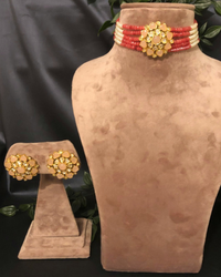 Victorian Traditional Kundan Necklace Set - Coral Peach Tone