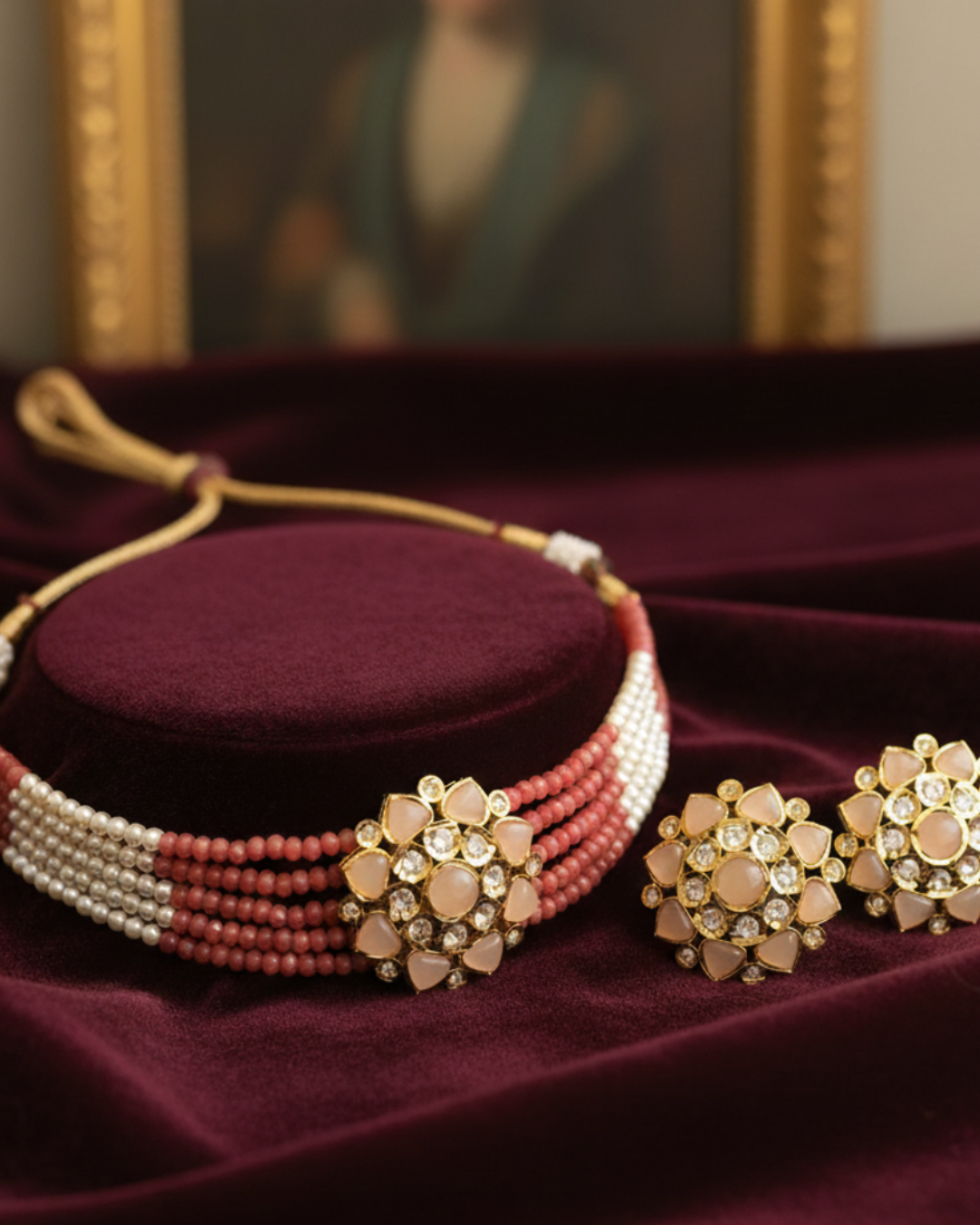 Victorian Traditional Kundan Necklace Set - Coral Peach Tone