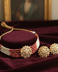 Victorian Traditional Kundan Necklace Set - Coral Peach Tone