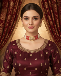 Victorian Traditional Kundan Necklace Set - Coral Peach Tone