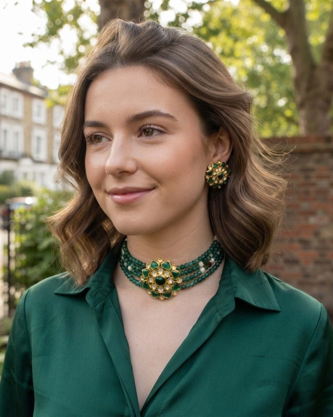 Victorian Traditional Kundan Necklace Set - Emerald Green
