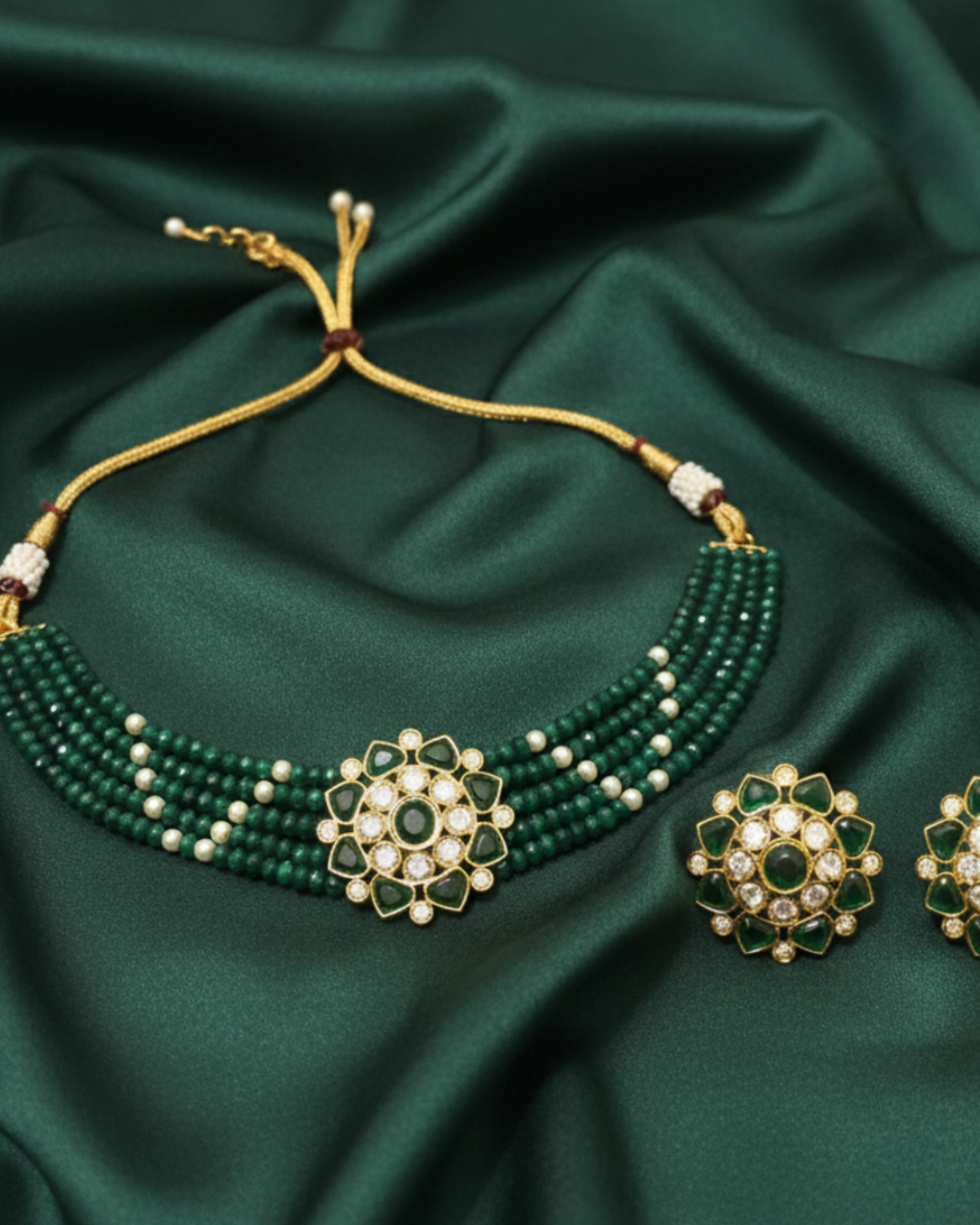 Victorian Traditional Kundan Necklace Set - Emerald Green