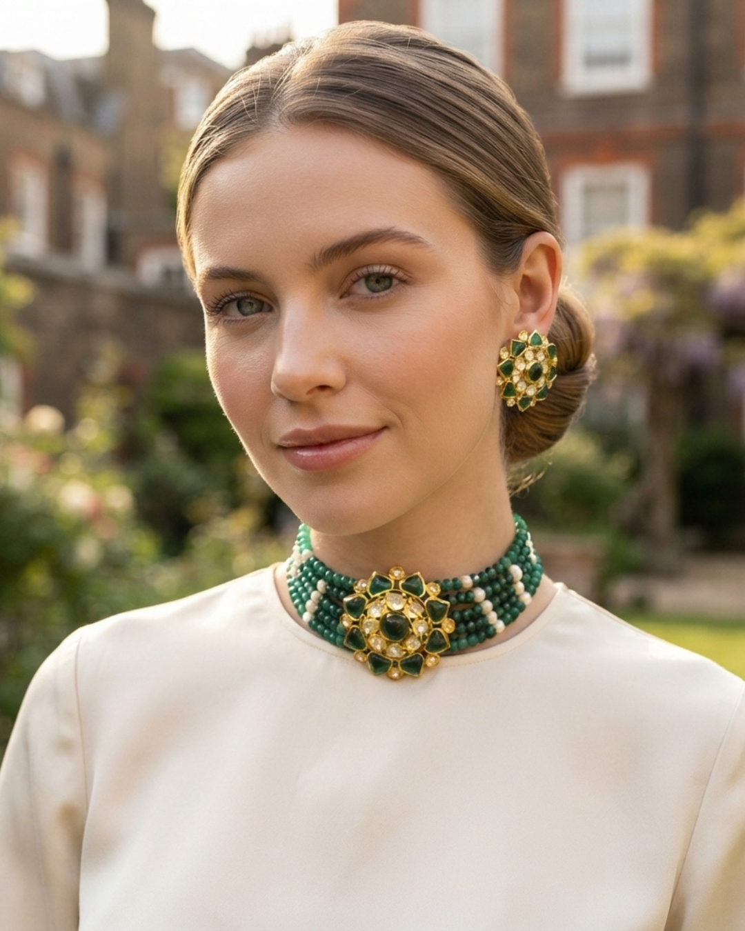 Victorian Traditional Kundan Necklace Set - Emerald Green