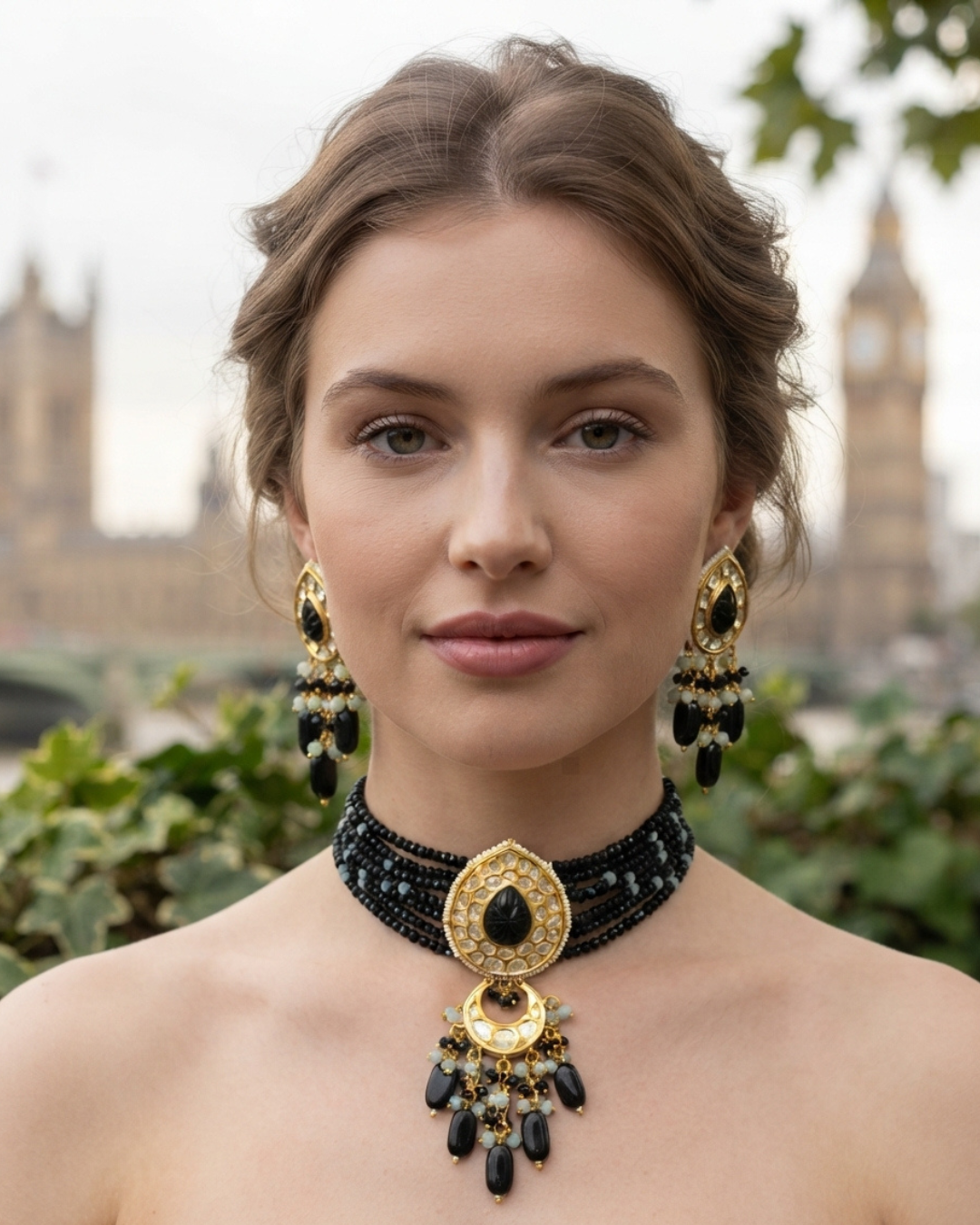 Victorian Traditional Kundan Necklace Set - Black