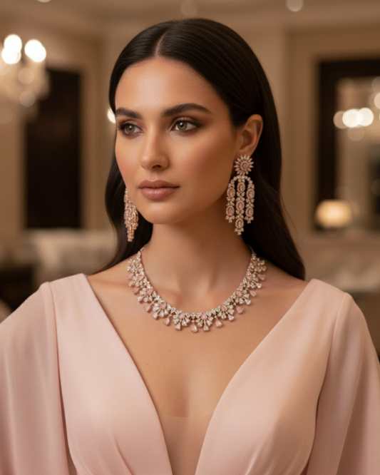 Kew Gardens Inspired Sparkling Cubic Zirconia Statement Necklace & Drop Earrings Set
