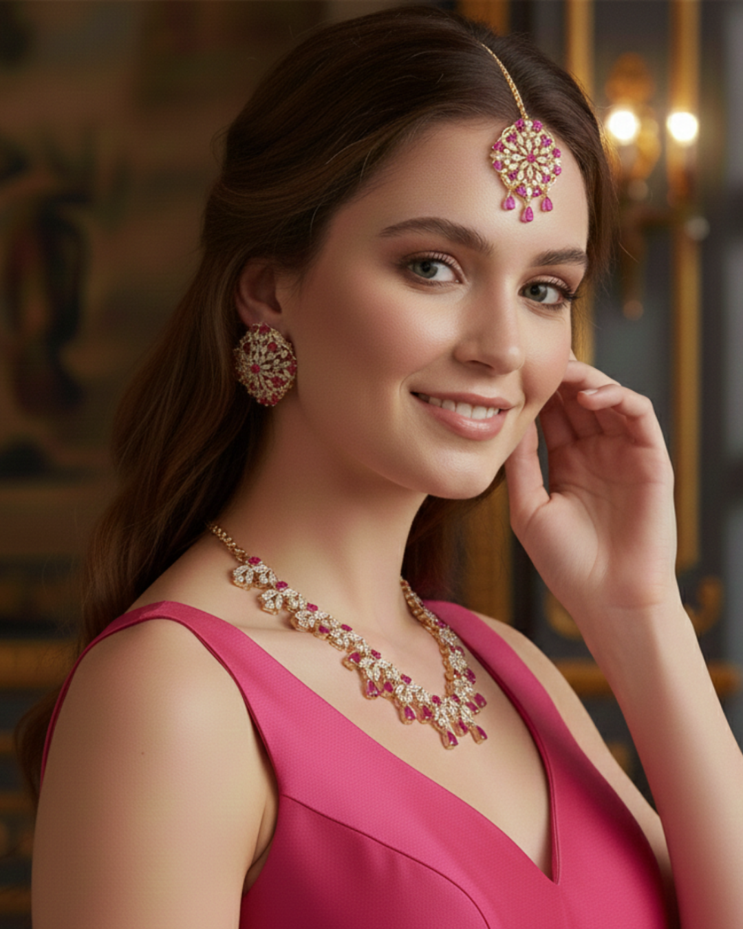 American Diamond Style Necklace Set - Rose Gold/Hot Pink