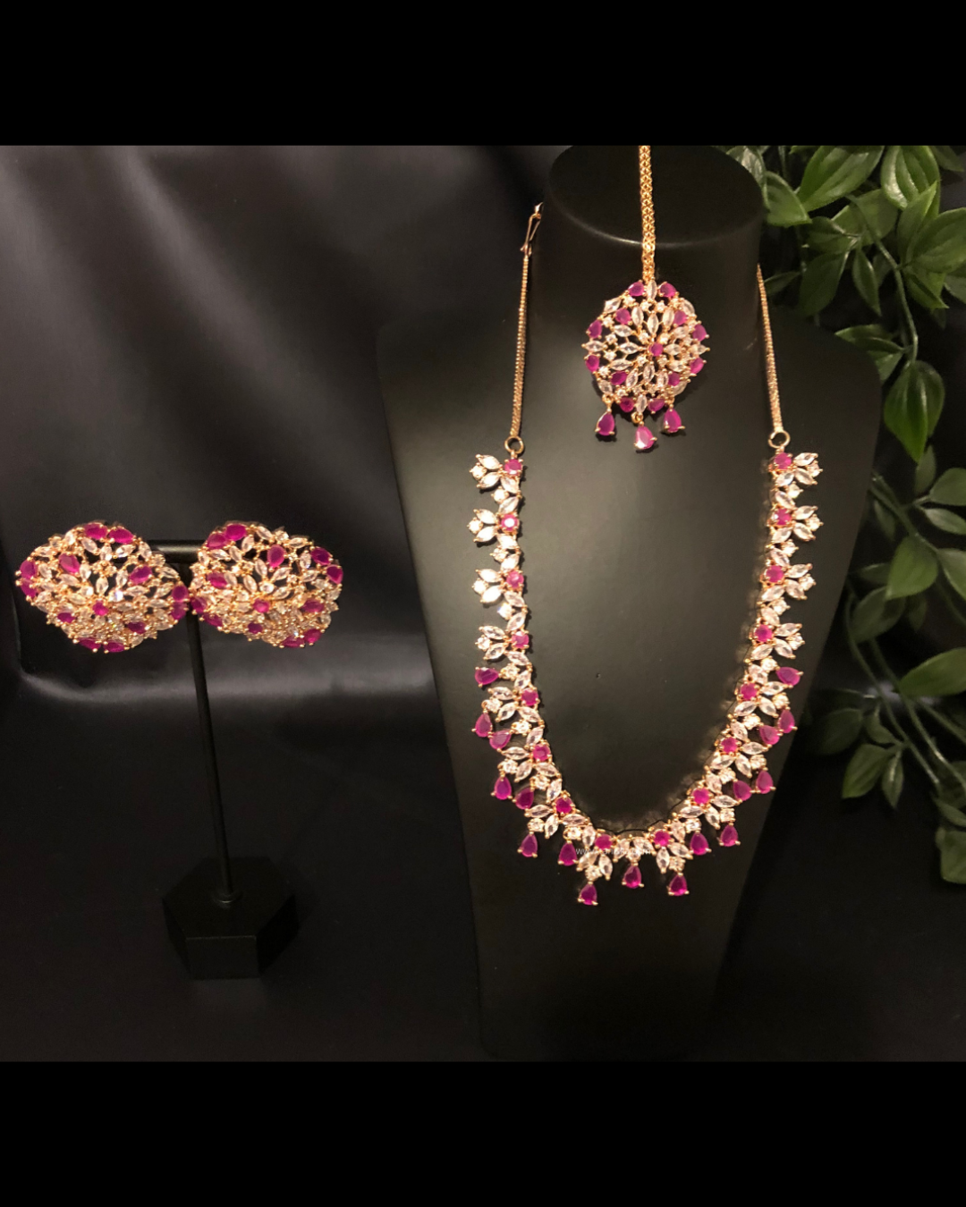 American Diamond Style Necklace Set - Rose Gold/Hot Pink