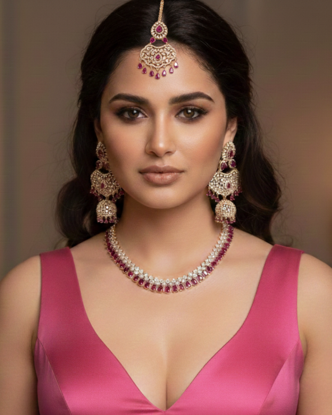 Diva American Diamond Style Necklace Set - Rose Gold / Hot Pink (Limited Edition)