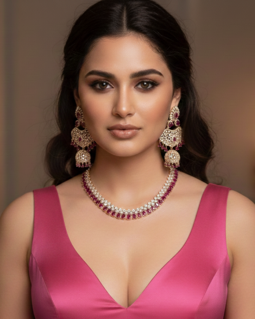 Diva American Diamond Style Necklace Set - Rose Gold / Hot Pink (Limited Edition)