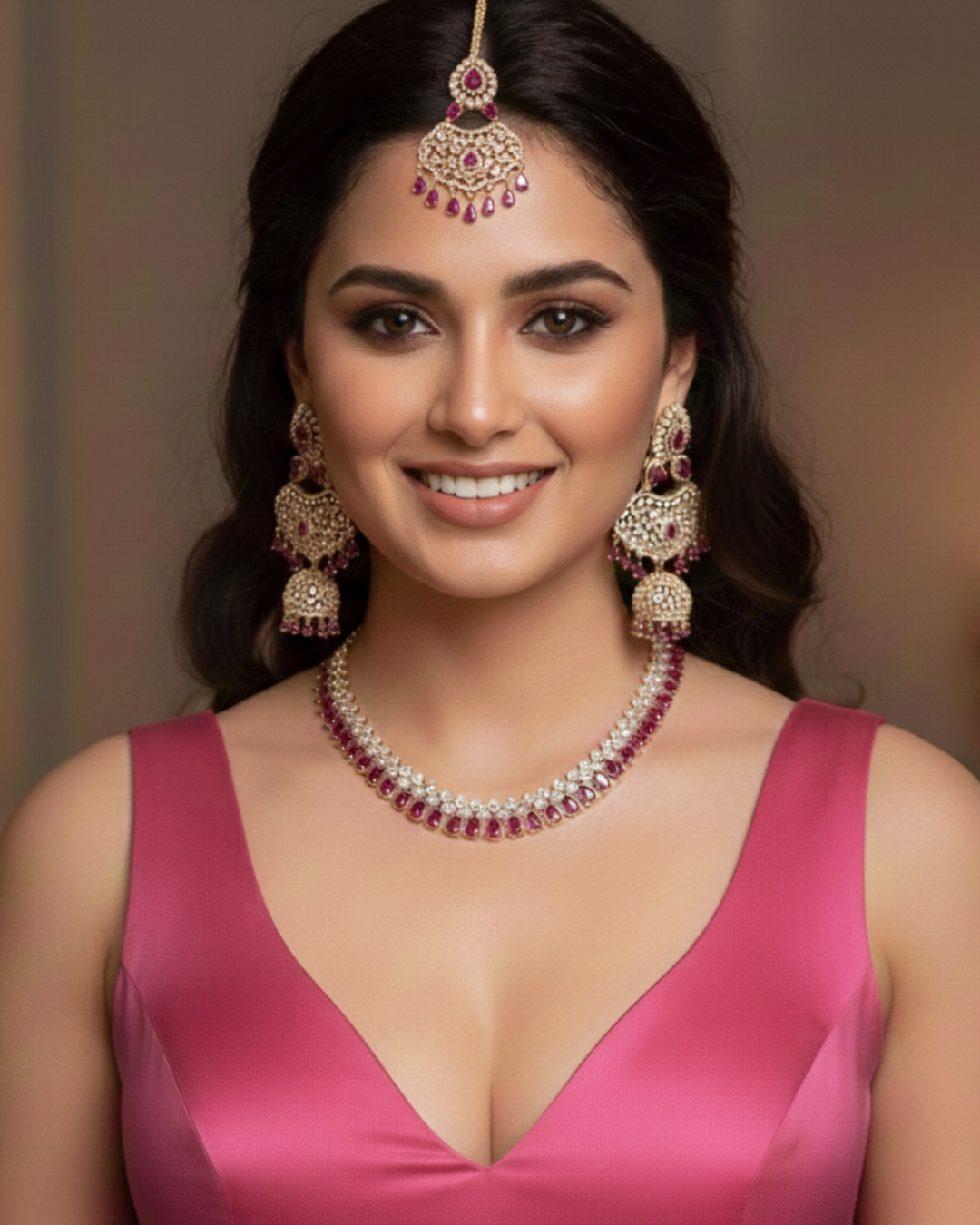 Diva American Diamond Style Necklace Set - Rose Gold / Hot Pink (Limited Edition)
