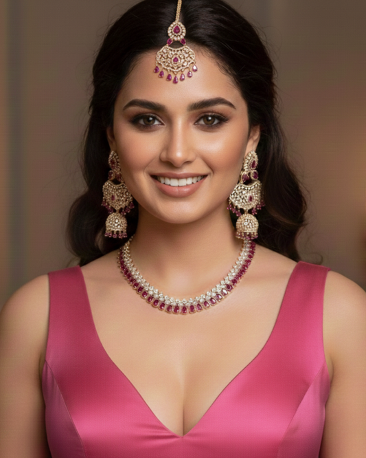 Diva American Diamond Style Necklace Set - Rose Gold / Hot Pink (Limited Edition)