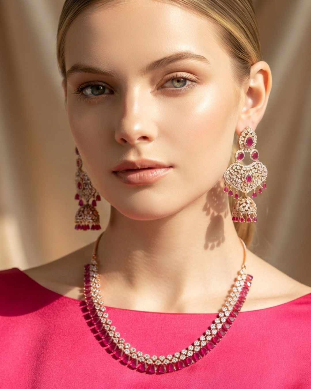 Diva American Diamond Style Necklace Set - Rose Gold / Hot Pink (Limited Edition)