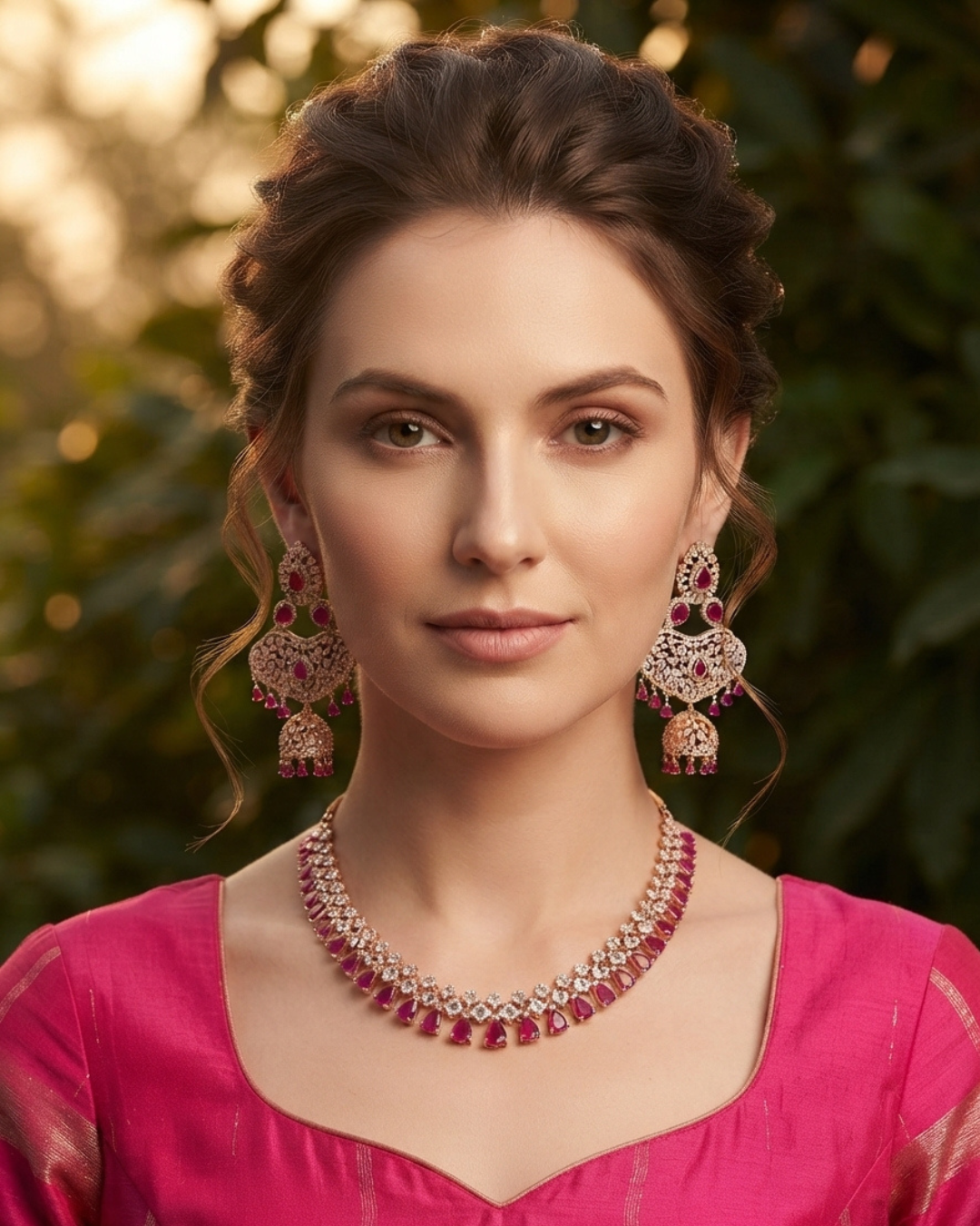 Diva American Diamond Style Necklace Set - Rose Gold / Hot Pink (Limited Edition)
