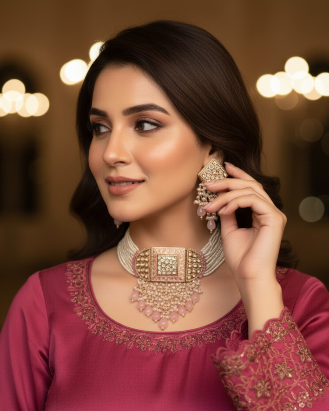 ISHANA Baby Pink Uncut-Kundan Necklace/Choker Set