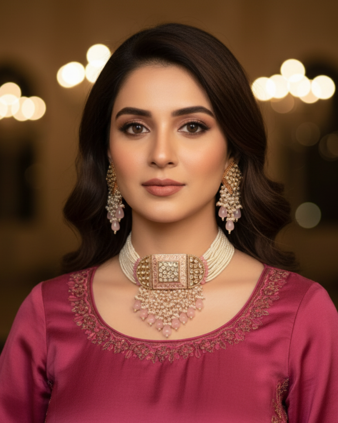 ISHANA Baby Pink Uncut-Kundan Necklace/Choker Set